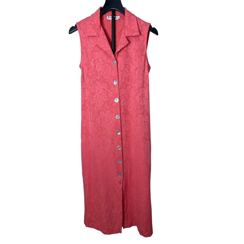 Dressbarn Vintage Coral Pink Floral Damask Button‎ Front Maxi Dress Womens 10
